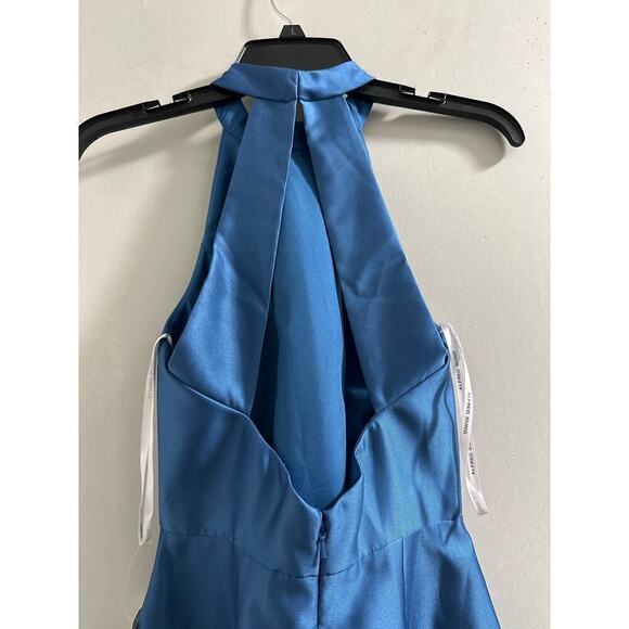 🔴
D772 by Alfred Sung HIGH-NECK SATIN DRESS WITH POCKETS Blue - Picture 7 of 8